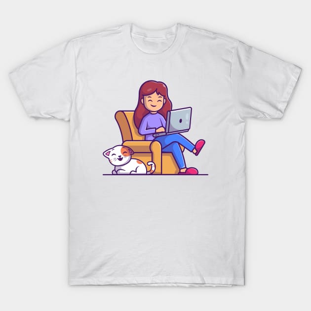 Women working on laptop with cat cartoon T-Shirt by Catalyst Labs